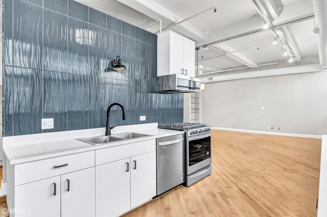 Sangamon Loft 1 — kitchen backsplash, gas range, and dishwasher