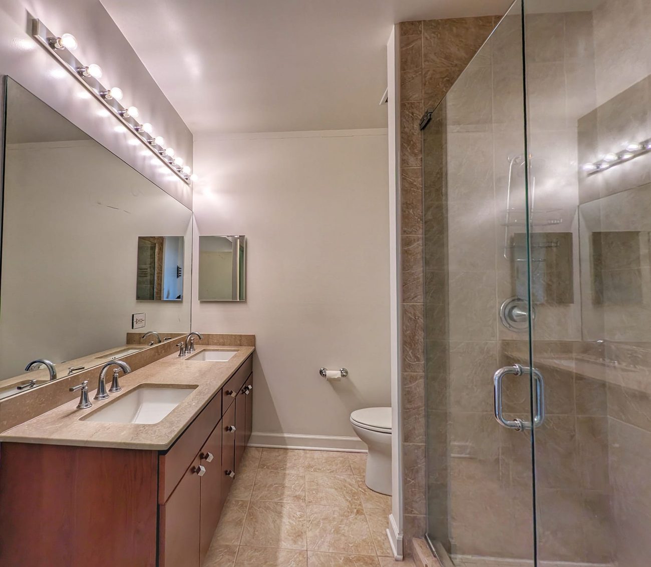 South Loop Penthouse — bathroom with double vanity and glass shower